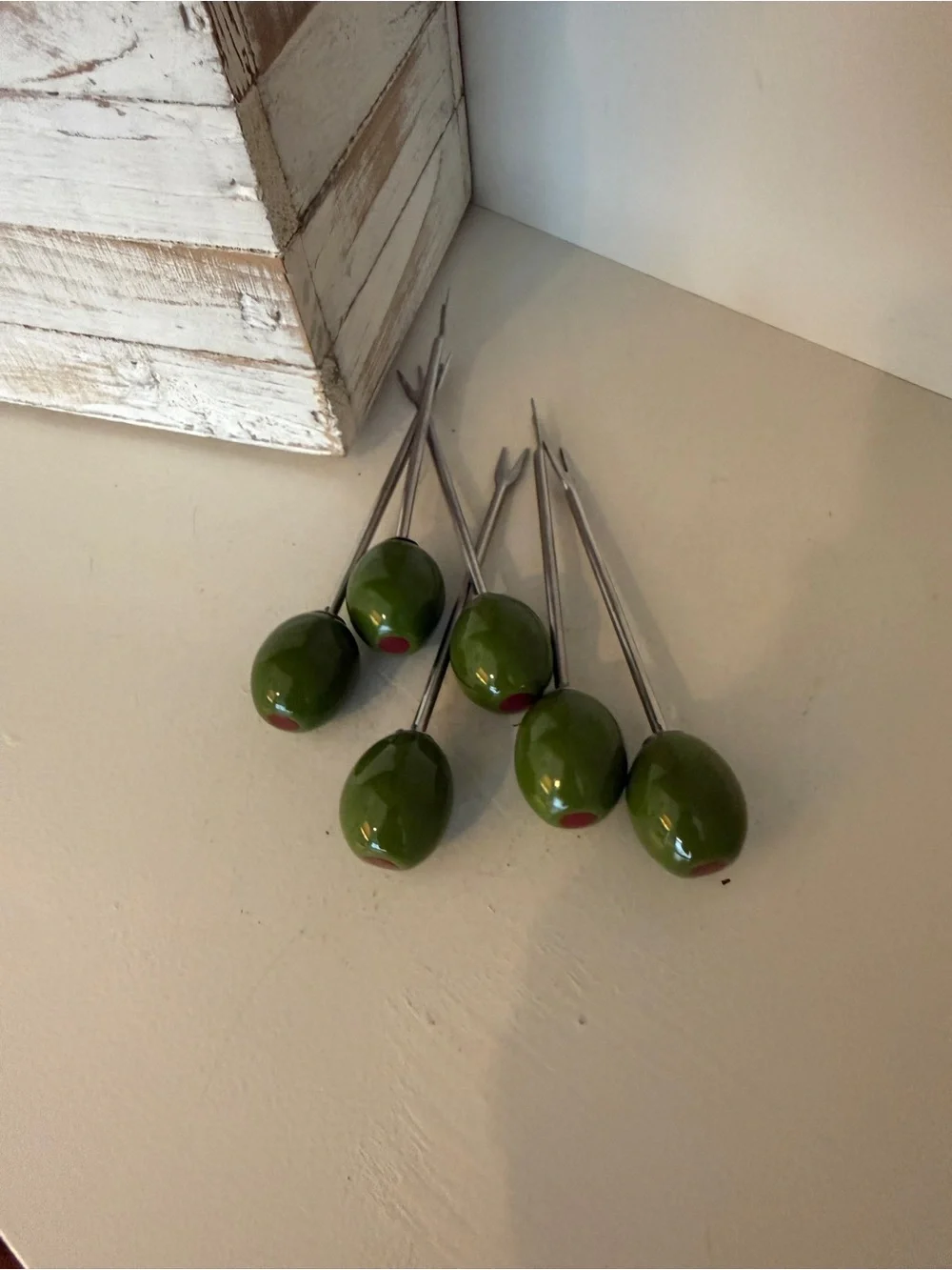 Vtg. Olive Cocktail Picks Set of 6 Green Pimento Martini Barware Appetizer Forks